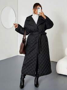 Firerie Abrigo acolchado de unicolor simple para uso diario y casual con cuello de solapa y cinturón de amarre para mujer talla grande, invierno - Negro - Ver 7