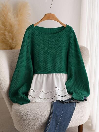 CosyJoli 大码休闲圆领收腰灯笼袖拼接荷叶边下摆罩衫毛衣，女士钩针上衣，针织上衣，镂空上衣，田园风秋冬上衣