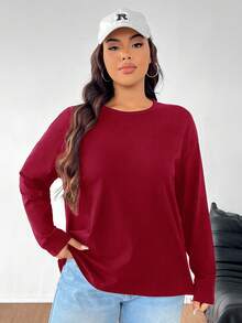 SHEIN EZwear 秋季大码纯色休闲长袖T恤 - 紅色 - 查看 5