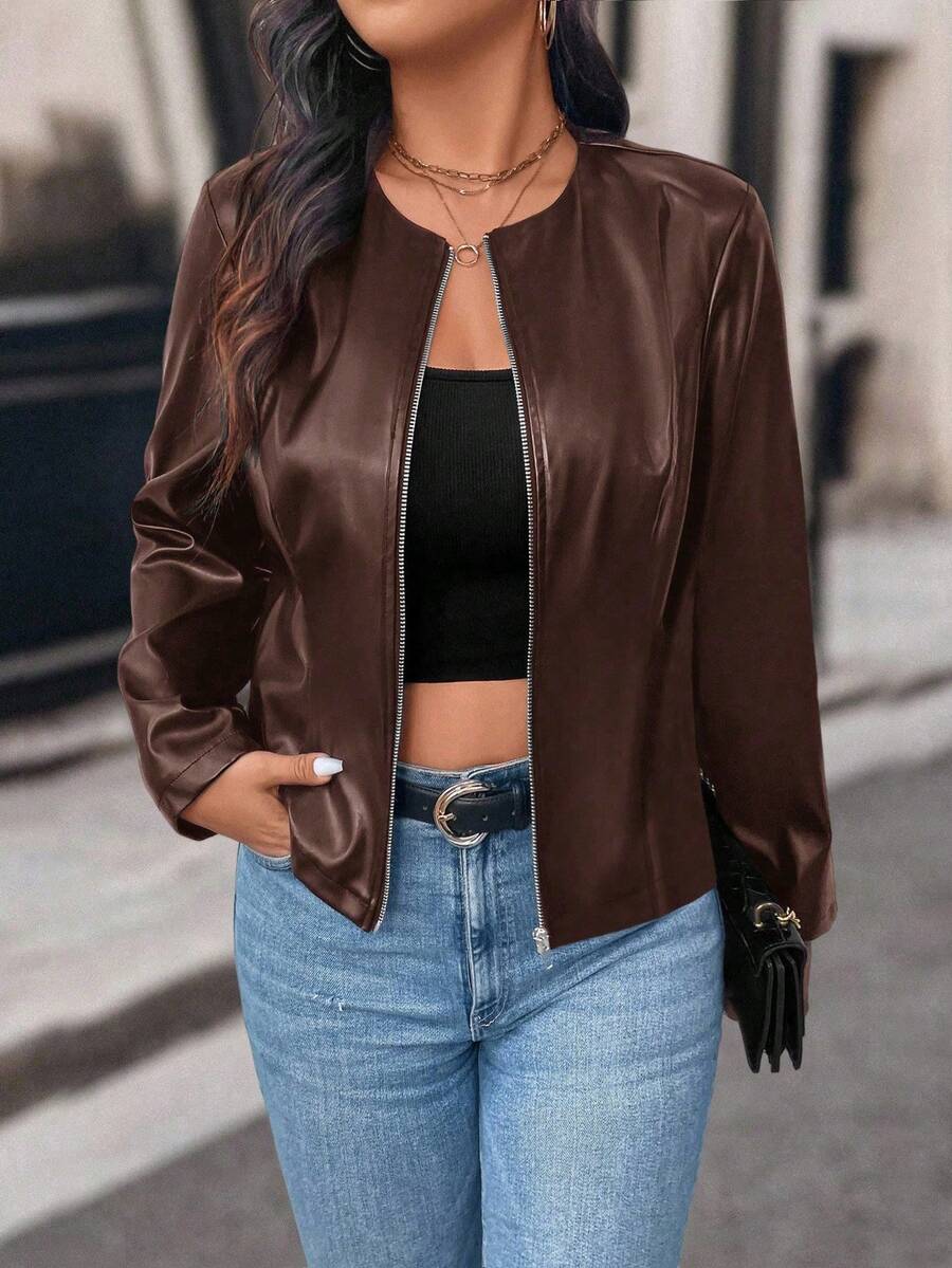 SHEIN PETITE 娇小女式休闲街头风短款PU皮夹克