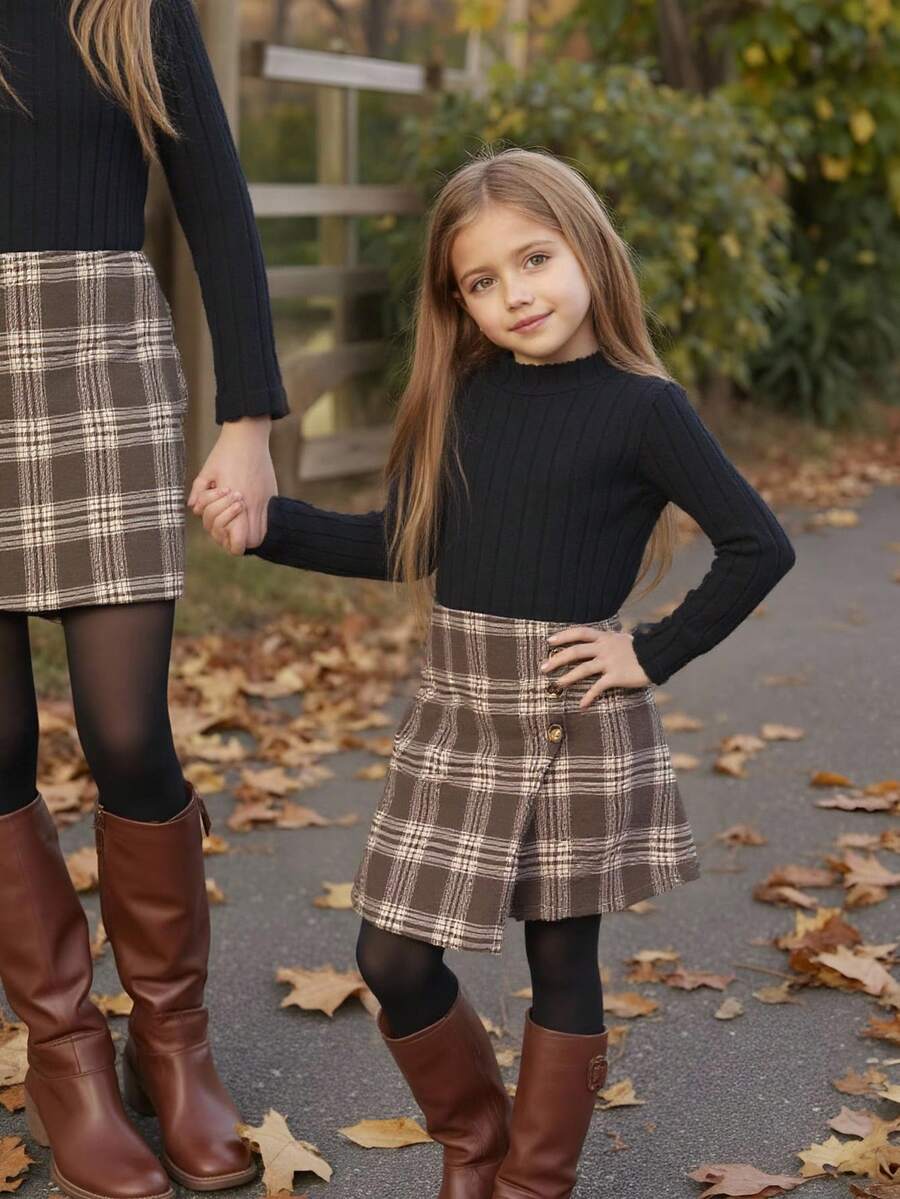 Young Girls' British Style Set, Featuring A Soft, Textured Turtleneck Sweater Top In Black And A Asymmetric Hemline Brown Plaid Skirt. The Long Sleeve Top Flatters The Figure, And The Classic Plaid Skirt With Side Button Details Adds A Refined, Vintage-Inspired Touch. Suitable For School, Cultural Events, And More. 2-Piece Set, Autumn/Winter - White - View 1