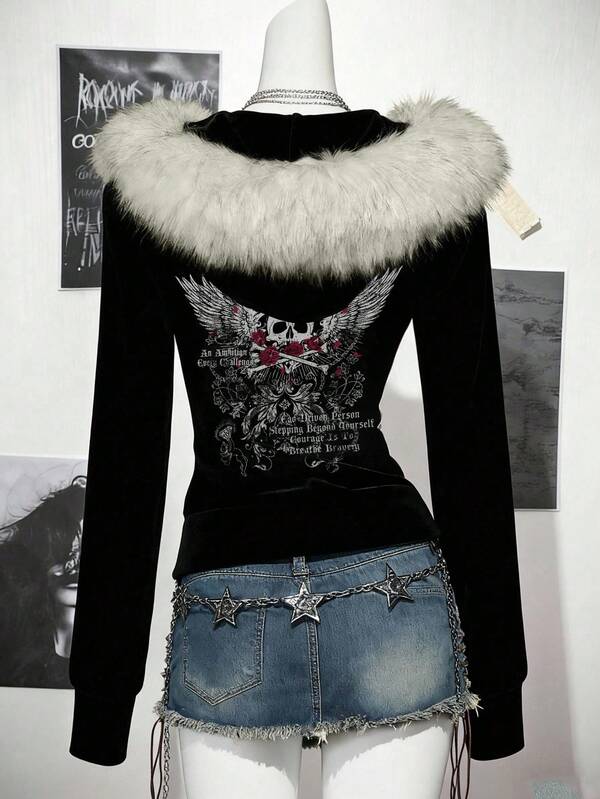SHEIN ICON Women's Casual Retro Slim Fit Fur Collar Hooded Regular Coat With Skull Wings Pattern, Suitable For Autumn/Winter, Retro Vintage, Y2k, Cross Graphic Print, Streetwear, Vintage, Retro, Grunge, Punk, An Winter Winter Tops Women