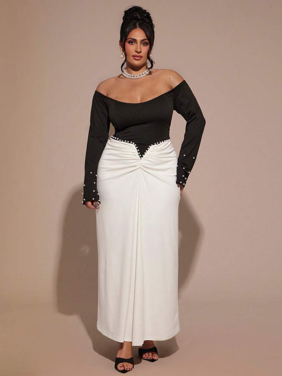 SHEIN BAE Vestido de manga larga con bloque de color y decoración de perlas para tallas grandes - Blanco y Negro - Ver 1