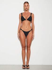 Swim Basics 女士宽肩带系带黑色比基尼上衣和下装比基尼 2 件套夏季