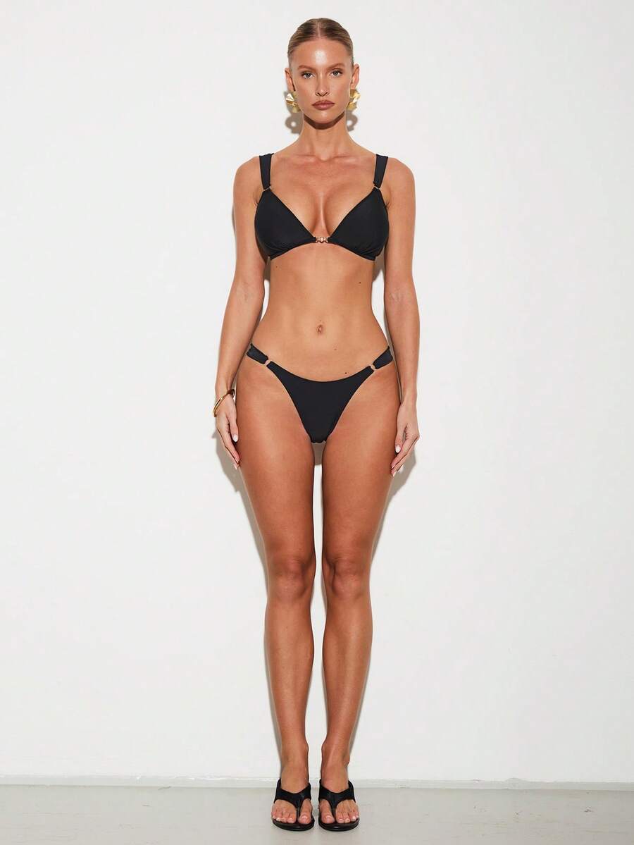 Swim Basics 女士宽肩带系带黑色比基尼上衣和下装比基尼 2 件套夏季