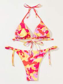 Camo Print Triangle Tie Side Bikini Set, For Summer Beach Vacation - Multicolor - View 2