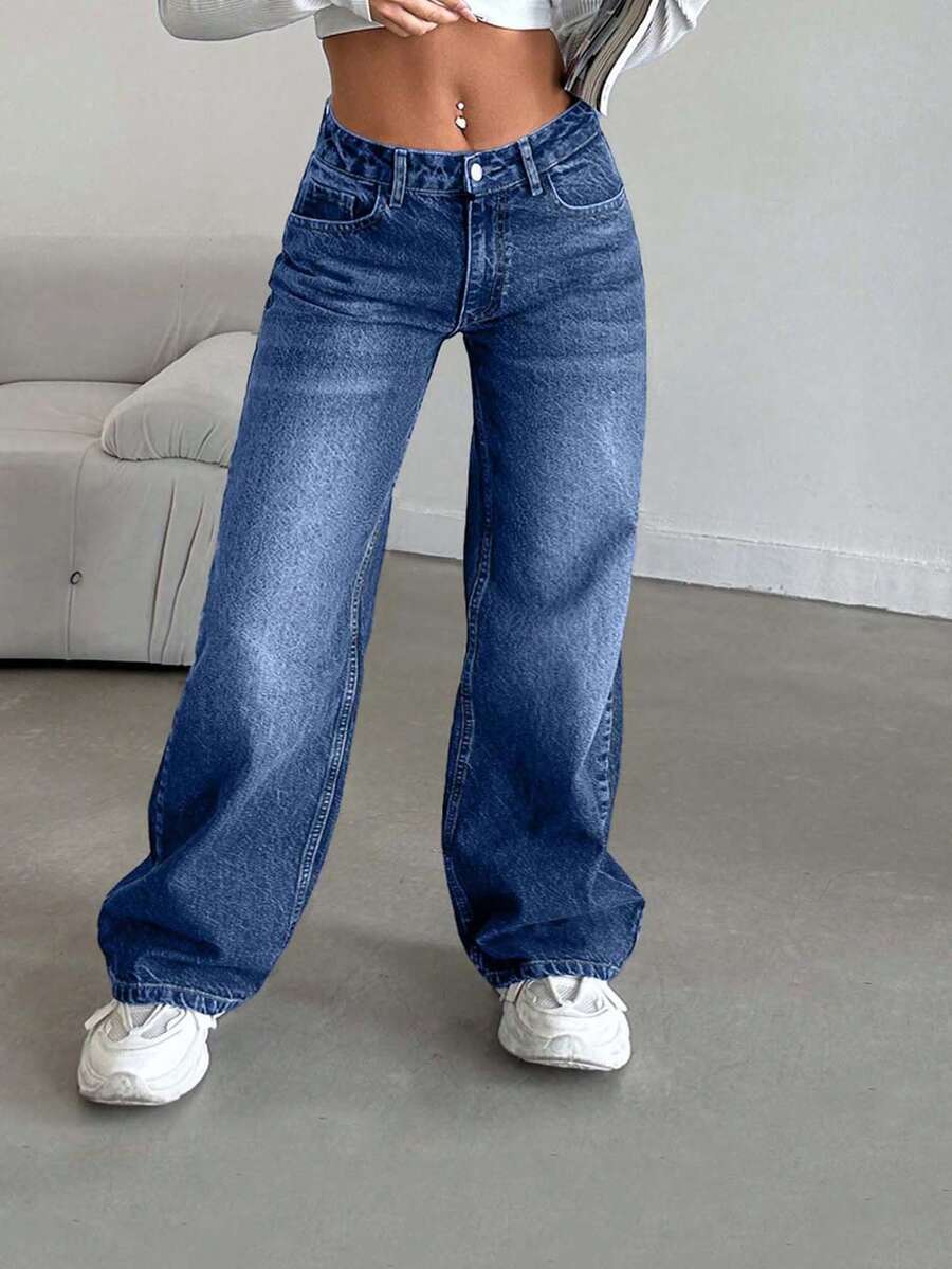 EURMUSE Petite JEANS LOW WAIST STRAIGHT FIT CASUAL STYLE WASHED BLUE BUTTON DETAILED ,Petite Women - Medium Wash - View 1