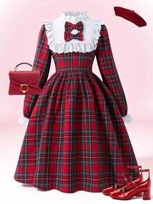 女童荷叶边蝴蝶结蕾丝领格子连衣裙，适合春秋季 - 紅色 - 查看 1