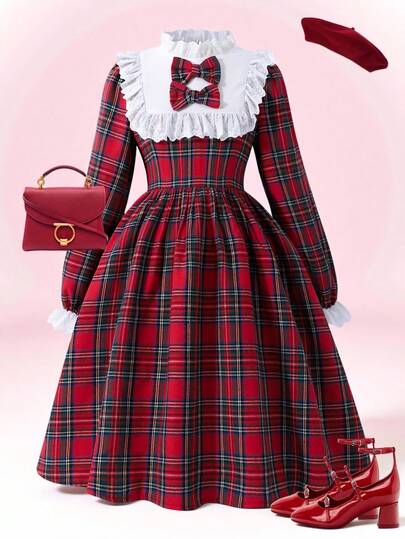 女童荷叶边蝴蝶结蕾丝领格子连衣裙，适合春秋季