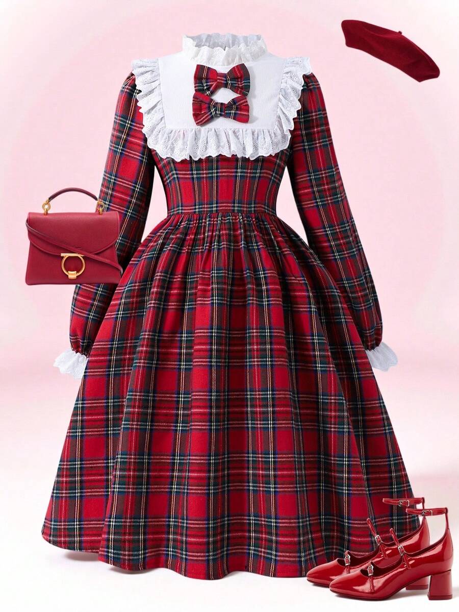 女童荷叶边蝴蝶结蕾丝领格子连衣裙，适合春秋季 - 紅色 - 查看 1