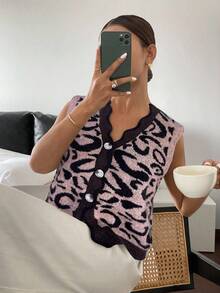 Siren Gaze Women's Casual Leopard Jacquard Knit Sweater Vest In Fall/Winter - Coffee Brown - View 4