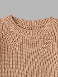 Sweetra 女婴条纹荷叶边下摆长袖二合一宽松休闲毛衣，秋冬 - 卡其色 - 查看 3