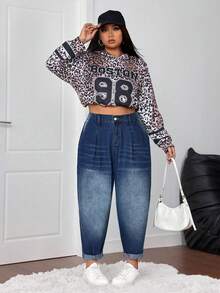 Firerie EZwear 大码黑色锥形七分宽松牛仔裤，高腰褶皱细节卷边裤脚，S码，休闲通勤裤 - 深色水洗藍 - 查看 4