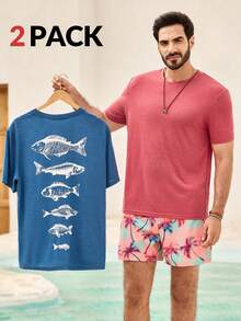 Manfinity VCAY 3pcs Pack Men's Casual Fish Print Round Neck Short Sleeve Knit T-Shirt, Summer - Multicolor - View 1
