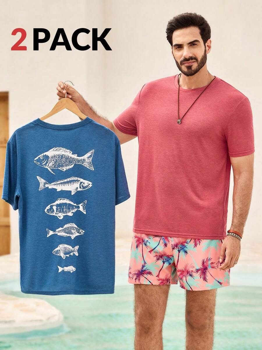 Manfinity VCAY 3pcs Pack Men's Casual Fish Print Round Neck Short Sleeve Knit T-Shirt, Summer - Multicolor - View 1