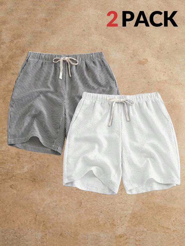 Manfinity VCAY 2 piezas/Paquete Pantalones cortos rectos de cintura media con cordón y rayas casuales para hombres, pantalones cortos de verano para hombres, pantalones cortos de estar en casa para hombres, paquete de pantalones cortos para hombres