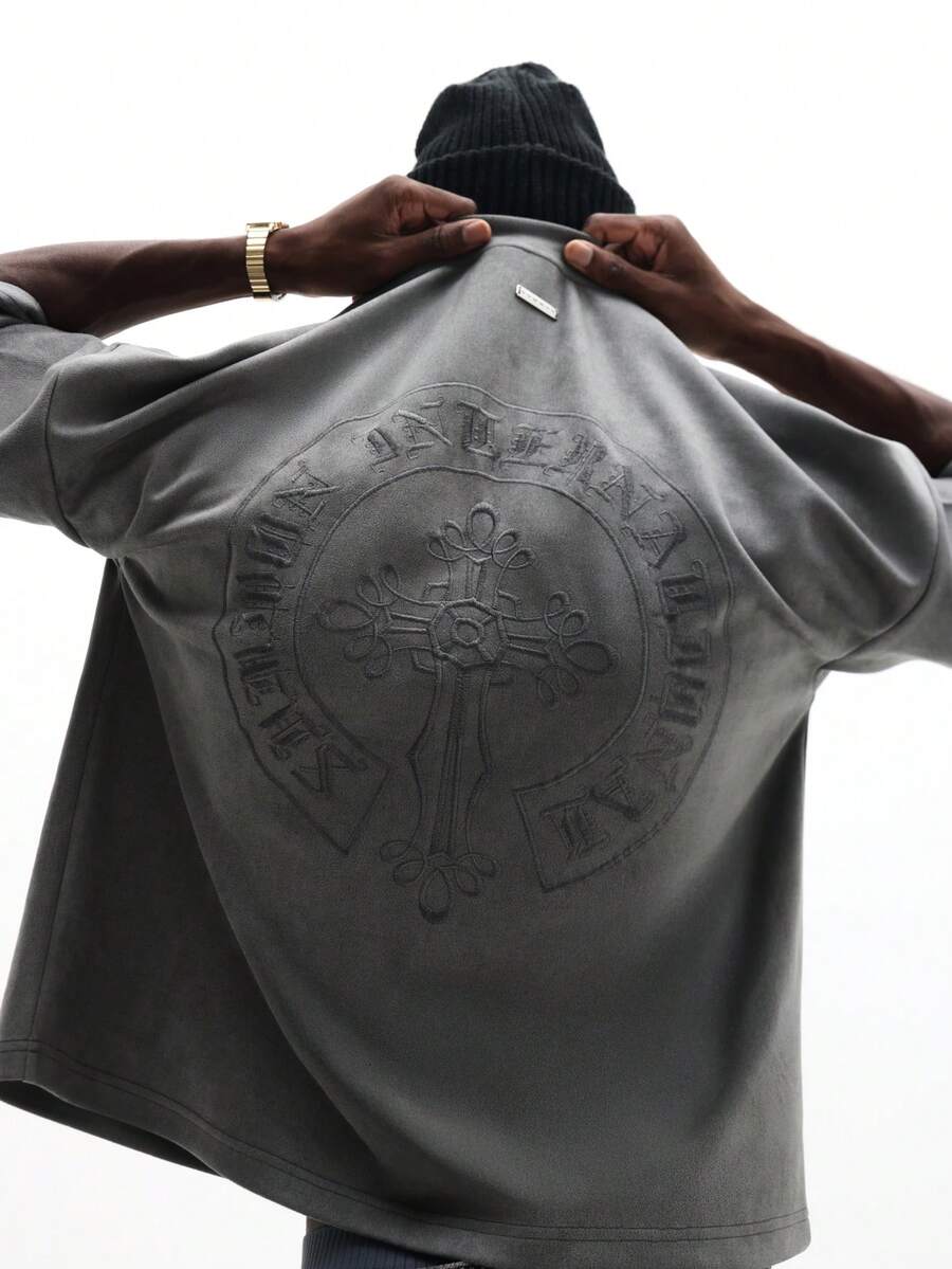 Áo thun nam SUMWON dáng regular fit, in hình chữ thập dập nổi, tay ngắn, cổ tròn, phong cách thường ngày, trơn. - Xám - Xem 1