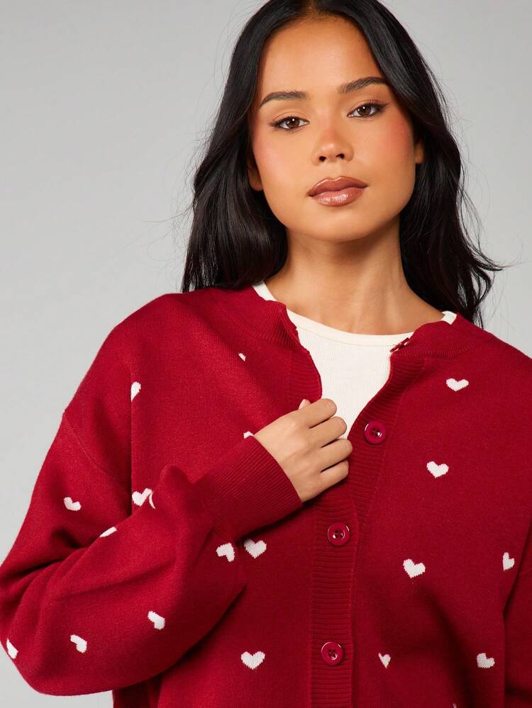MISSGUIDED Cardigan oversize a maglia con motivo a cuore, con bottoni davanti, adatto per le vacanze invernali, San Valentino, Natale