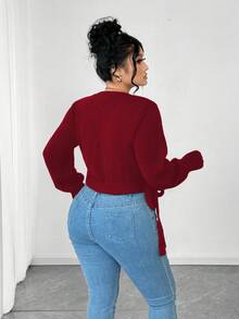 Elenzga Blogger-Inspired V-Neck Criss-Cross Tie Versatile Slim-Fit Cropped Cardigan, European & American Style - Red - View 2