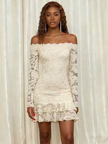 Eryvara Women's Off-Shoulder Long Sleeve Lace Patchwork Mini Dress, Summer Dress, Spring Outfit