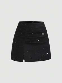 Sweetra 女士性感不对称褶皱亮片拉链派对迷你裙，紧身款，秋冬款 - 黑色 - 查看 3