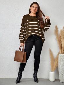 EMERY ROSE Plus Size Loose Fit Plus Size Faux Cashmere Pullover Sweater With Contrast Color Stripes In Fall/Winter - Brown - View 3