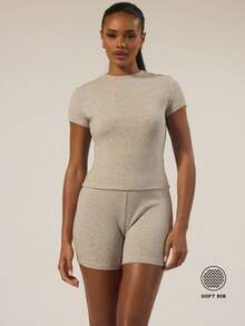 MUSERA ESSENTIALS Short Sleeve Soft Rib Crewneck Top Autumn Winter  Holidays Fall Underwear Everyday Cosy Lounge Essential - Grey - View 1