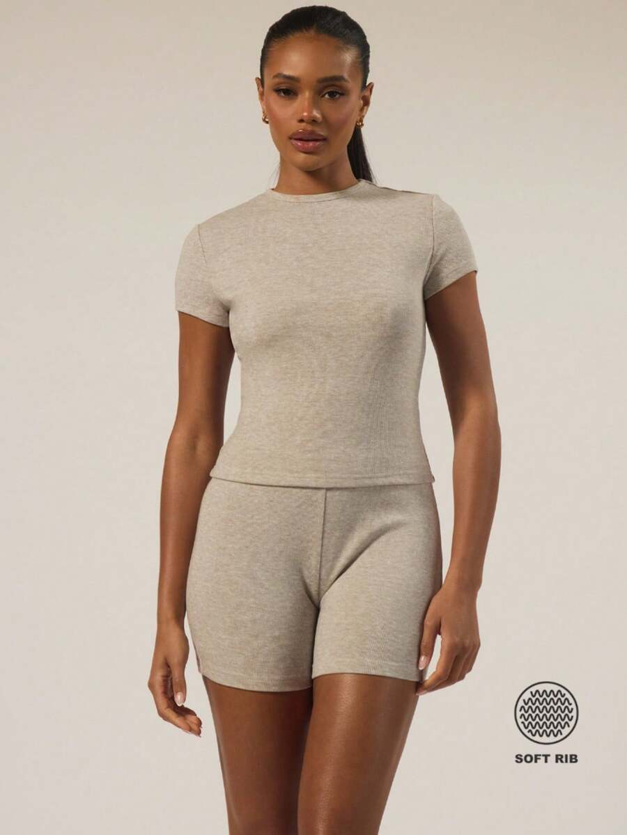 MUSERA ESSENTIALS Short Sleeve Soft Rib Crewneck Top Autumn Winter  Holidays Fall Underwear Everyday Cosy Lounge Essential - Grey - View 1