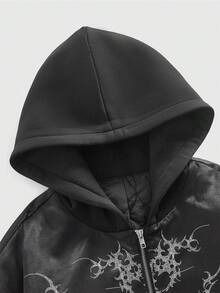 ROMWE MEN Goth Abrigo acolchado con capucha, cremallera y manga larga de estilo gótico informal para hombre, para invierno - Negro - Ver 3