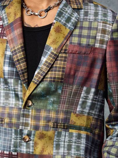 Street Life Costume à carreaux mode avec col contrasté, épaules blocs de couleurs, manches longues et boutons devant pour hommes