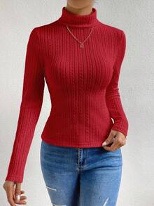 RosyDaze Kaos Wanita Lengan Panjang Kerah Tinggi Minimalis Warna Polos, Pakaian Sehari-hari - Merah - View 5