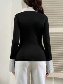 SHEIN 二合一时尚哺乳门襟纽扣孕妇上衣 - 黑與白 - 查看 2