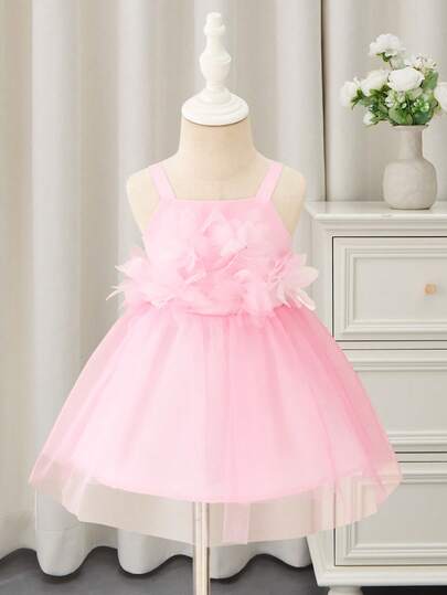 Glamorique Kids Baby Girl Flower Bridesmaid Dress, Wedding, Flower Girl ,Elegant,Pink Dress,3D Rose,Wedding Guest Dress,Suitable For Formal Occasions,