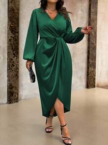 Roveilla 大码女士优雅简约纯色V领灯笼袖裹身裙，春秋季，圣诞节长款女装 - 墨綠色 - 查看 3