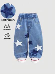 SHEIN 男婴休闲柔软可爱星星植绒弹力腰宽松蓝色牛仔裤，秋冬季百搭休闲，适合秋冬日常穿着、圣诞节、新年、感恩节等场合。 - 中等水洗藍 - 查看 2