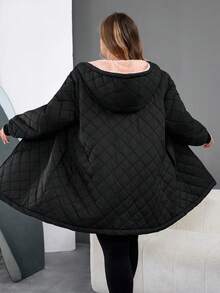 SHEIN CURVE+ Áo khoác dài tay có mũ trùm đầu màu đen và hồng tương phản hàng ngày dành cho nữ cỡ lớn, lót nhiệt dày, thoải mái, trang phục mùa đông cho nữ, áo khoác ngoài cổ điển - màu đen - Xem 10