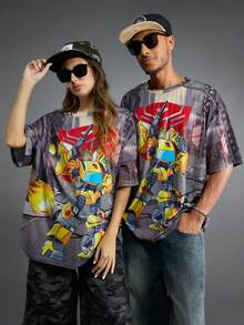 Transformers X SHEIN قميص تي شيرت رجالي كاجوال بطبعة روبوت بياقة مستديرة وأكمام قصيرة، صيفي - رمادي - مشاهدة 4