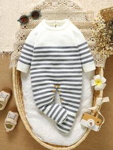 SHEIN 1pc Newborn Striped Crew Neck Long Sleeve Romper, Casual & Minimalist Design - Grey - View 4