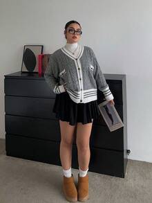 SHEIN CURVE+ Áo len cardigan cỡ lớn cho nữ, phong cách đại học mới cho mùa thu/đông - Xám - Xem 3