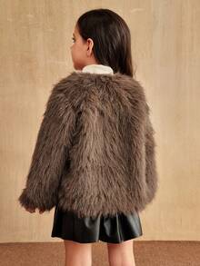 SHEIN Elladie kids Young Girl Casual Fluffy Faux Fur Loose Coat, Sophisticated And Chic Urban Fall Winter