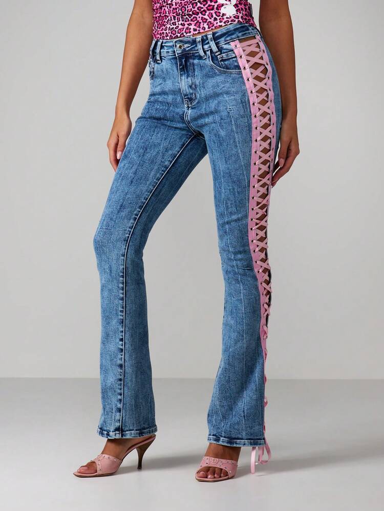 Missguided x Playboy High Rise Flared Jeans With Lace Up Side Detail And Text Print