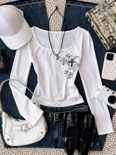 Glowzi Teen Girls Casual Retro Y2K Off Shoulder Boat Neck White Printed Snug Fit T-Shirt