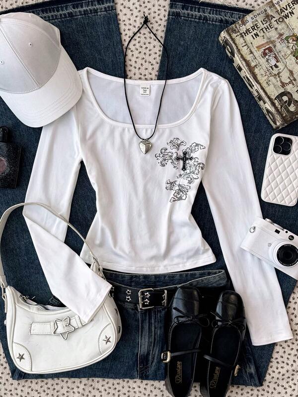 Glowzi Teen Girls Casual Retro Y2K Off Shoulder Boat Neck White Printed Snug Fit T-Shirt