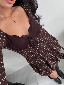 MainGRL Váy mini chấm bi dài tay thường ngày mới, mùa thu - Cà phê nâu - Xem 6