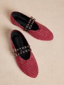 Rosivie 2025 Handwoven Niche Fashion Shoes, New Arrival Double Buckle Strap Ballet Flats For Women - Red - View 11