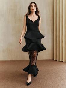 Anewsta 时尚无袖心形领口荷叶边蕾丝拼接优雅连衣裙 - 黑色 - 查看 3