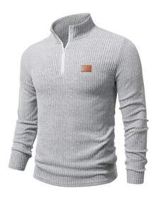 Manfinity Homme Men's Stand Collar Half-Zip Raglan Long Sleeve Ribbed T-Shirt Thermals For Men Gray Top Quarter Zip Old Money,Daily Leisure, Weekend Trips, Outdoor Activities, Travel Expeditions, Relaxed Work Environments Or Semi-Formal Occasions, Boyfriend/Husband Gift, Anniversary Gift Party Christmas, For Winter - Grey - View 3
