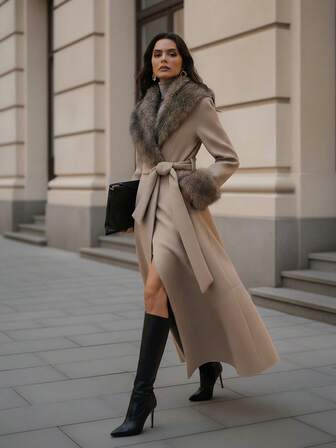 Anewsta Abrigo maxi elegante y ajustado de alta gama para mujer con cuello de piel, abrigo largo tipo vestido para el invierno, vestido de fiesta de lujo para Año Nuevo, otoño/invierno, Navidad, Año Nuevo, fiesta, elegante, de lujo, formal, chic, graduación