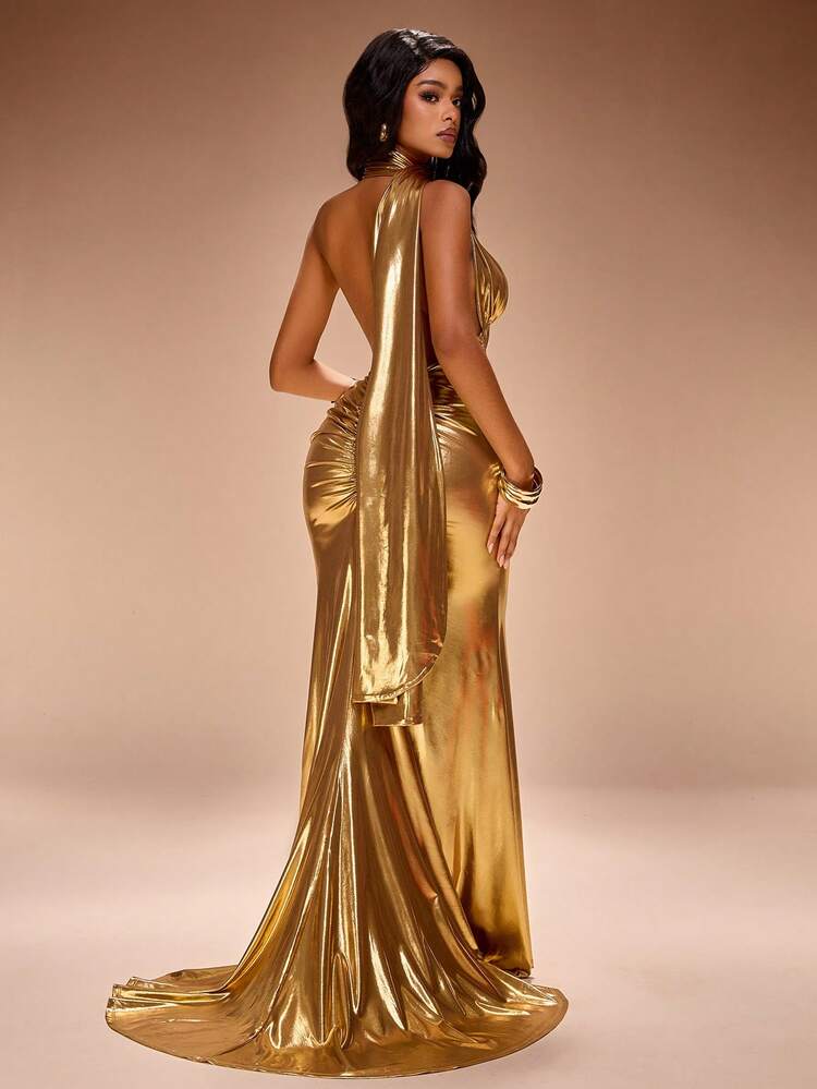 Radiana 优雅奢华金色美人鱼礼服，性感露背晚礼服，闪亮迷人派对礼服，适合晚宴、舞会、婚礼宾客、伴娘、鸡尾酒会、新年、圣诞节等场合，金属弹力面料完美贴合曲线。 - 金色 - 查看 8