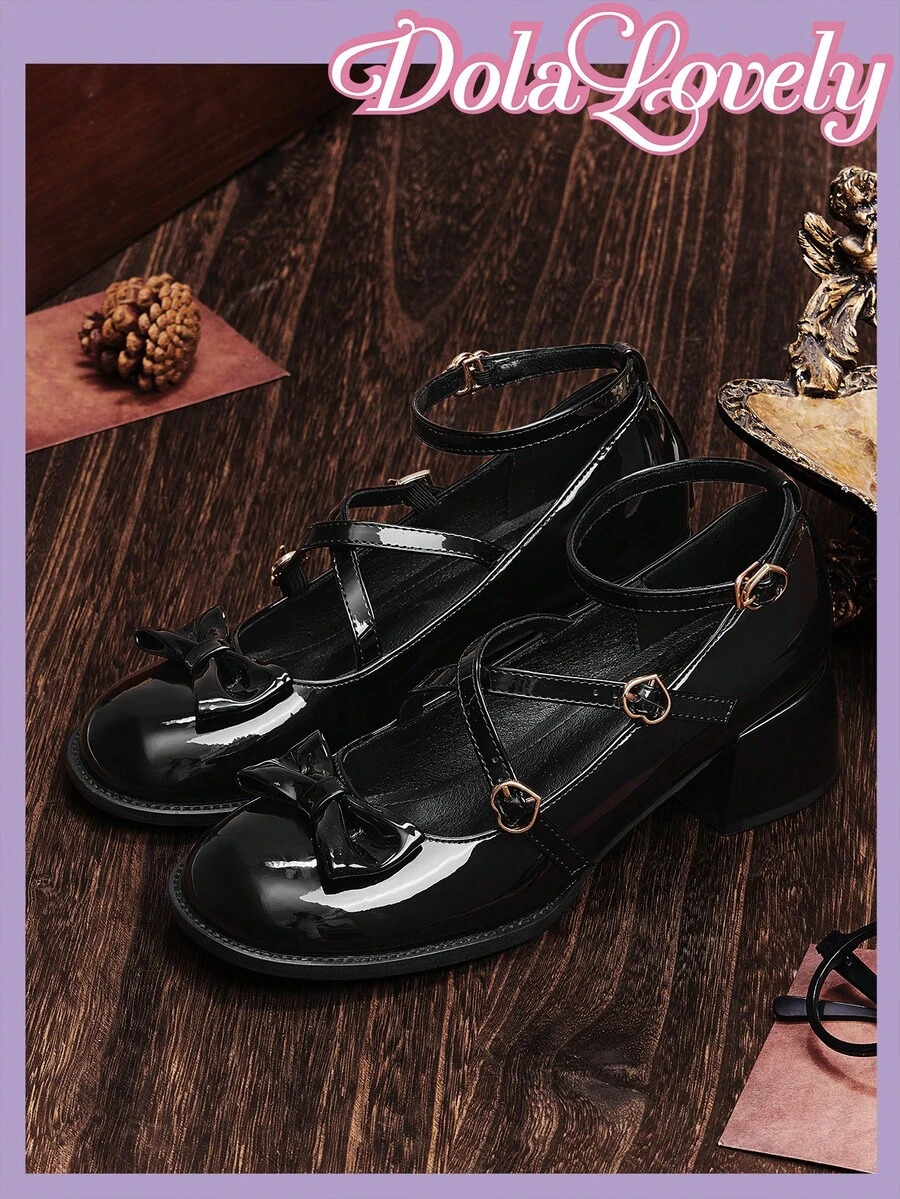 Dola Lovely 女士黑色交叉蝴蝶结可爱洛丽塔漆皮厚底玛丽珍鞋，适合万圣节、圣诞节、感恩节 - 黑色 - 查看 1